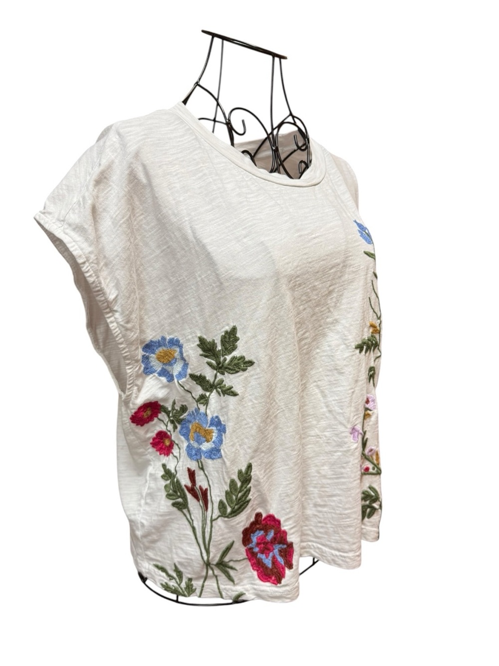 Anthropologie Cream Short Sleeve Top with Multicolor Floral Embroidery